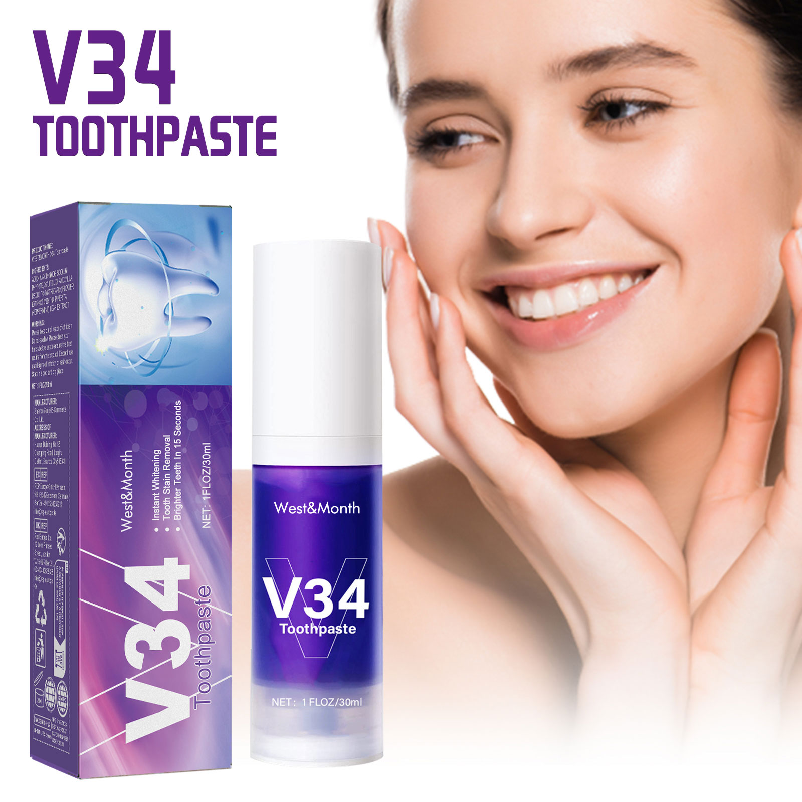 V34 Purple Toothpaste Cleaning - đánh giá và giá Teeth Whitening Mousse
