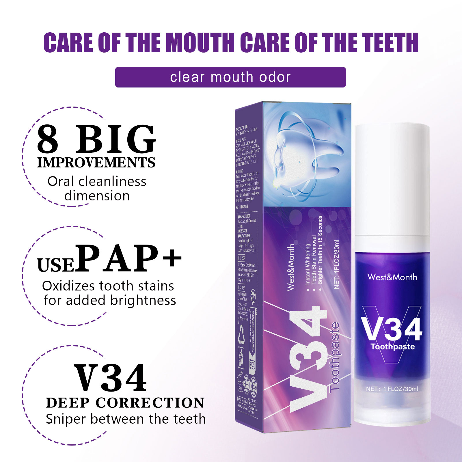 V34 Purple Toothpaste Cleaning - đánh giá và giá Teeth Whitening Mousse